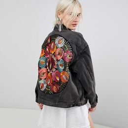 CBAFU vintage floral embroidery denim jacket women cowboy long sleeve turn down collar casual denim coat streetwear outwear P904 201106