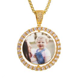 Custom Photo/ picture Iced Out Rotatable Double Side Round Pendant Necklace for Men/ Women Personalised Memory Picture Hip Hop Jewellery