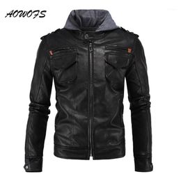 Men's Leather & Faux Wholesale- AOWOFS Hooded Jackets Men Safari Coats Black Moto With Hood Hip Hop Fashion Male Jacket Big Size1