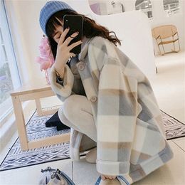 Winter Women's Lambswool Plaid Coat Korean Clothes Thicker Large Size Loose Wild Short Jacket 201218