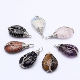 Natural Gemstone Hand Woven Tree Of Life Reiki Pendant Wire Wrapping Water Drop Stone DIY Women Necklace Amethyst Rose Quartz Healing Crystal Jewellery