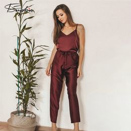 Suphis V-Neck Solid Sleepwear Satin Women Two Piece Set Top And Pants Beige Camis Pyjama Sexy Femme Red Womens Pajamas Home Suit Y200708