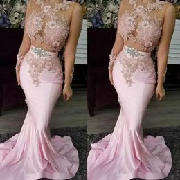 2022 Vestidos de baile cor-de-rosa Bodice de ilusão sexy com 3D Floral applique frisado cristais de sereia cetim feito sob encomenda feitos à noite vestidos vestido bes121