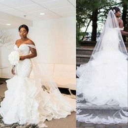 New South African Vestido De Noiva Mermaid Wedding Dresses Off The Shoulder Vintage Ruffles Organza Beaded Crystal Formal Bridal Gowns 403