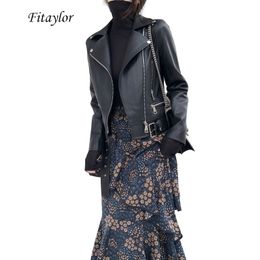 Fitaylor Women Faux Leather Jacket Slash Black Moto Leather Jacket Casual Slim Fall Outwear Street PU Jackets 201030