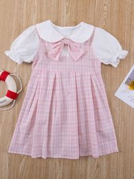 Toddler Girls Plaid Bow Front Combo Babydoll Dress SHE