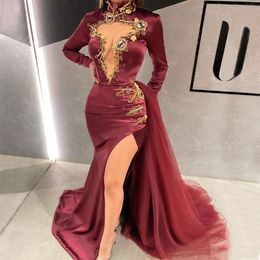Dark Red Mermaid Beaded Prom Dresses With Detachable Train High Neck V Neck Appliqued Evening Gowns Long Sleeves Side Split Formal Dress