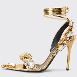 New Crystal Women Wedding Rhinestone High Heels Sandals Ankle Strap Party Pointed Toe Dress Sexy Stilettos Shoes Candy Colour