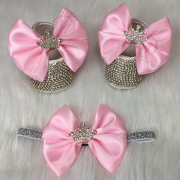 MIYOCAR bling Rhinestones baby girl shoes first walker headband set Sparkle Bling crystals Princess shoes baby shower gift LJ201104