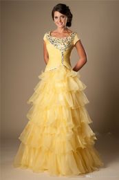 Yellow Long Modest Prom Dresses With Cap Sleeves Crystals Beaded Organza Prom Gowns Corset Back Tiered Girls Formal Party Dresses Classic