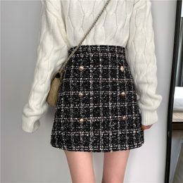 Tweed Half-length Skirt for Women In Autumn Spring New Korean White Black Chic Short Skirt with High Waist Hip 201109