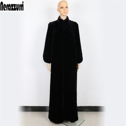 Nerazzurri Floor length faux fur coat women black extra long plus size warm outerwear winter furry fake fur overcoat 5xl 6xl 7xl 201210