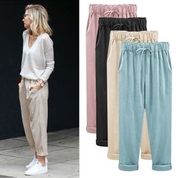 ZOGAA Plus Size Women Pants Casual Ankle Length Trousers Solid Elastic Cotton Linen Cropped Pants Hip Hop Loose Harem Pants 201031