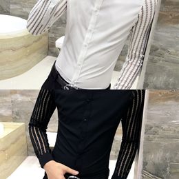 Spring Autumn New Men Lace Perspective Shirt Party prom Hollow Long Sleeve Tuxedo Shirt Trend Slim Nightclub Casual Social Shirt C1210