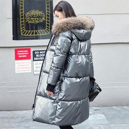 winter X-long shiny solid women's parkas plus size with fur collar hooded thick Korean style puffer coats and jackets women 201217