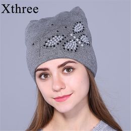 Xthree Autumn winter hat for women knitted beanies hat cat ear stylish cap Butterfly new fashion lovely cap Y201024