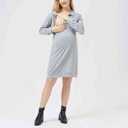 2022 Maternity Dress Breastfeeding Pajamas Women V Neck Solid Color Long Sleeve Nursing Maternity Dress Pajamas G220309