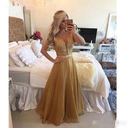 2020 champagne Free Shipping Pearls Vestidos De Festa Gold Prom Dresses See Through Back Appliqued Chiffon Evening Prom Gowns