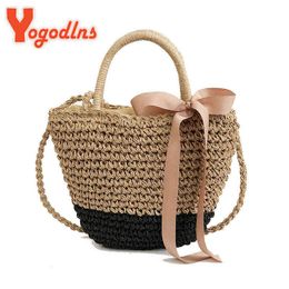 Shopping Bags Yogodlns new arrive Handmade Straw Ribbons Bowknot Beach Knitting Handbags Tote Shoulder Bag 220301