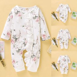 0-18M Baby Girls Romper Autumn Baby girl Cotton print ruffled long-sleeved O-Neck jumpsuit Newborn Toddler Clothes Outfits D35 201028