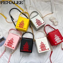 Women Mini Size Bucket Handbag Novelty Cute Red Iron Tower Printing Shoulder Tote Creative Chinese Style Chain Messenger Bag Q1208