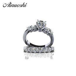 AINUOSHI 1 Carat Gorgeous Round Cut SONA Ring Set Promise Engagement Ring Women Trendy Wedding Ring Solid 925 Sterling Silver Y200106