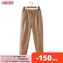 Tangada Women Khaki PU Leather Pants Stretch Waist Female Autumn Winter Harm Pants Trousers 8H30 201119