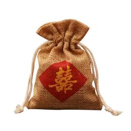 2022 NEW Burlap Favour Bag" Double Happiness " Chinese Words Printing Wedding Marriage Party Candy Gift Bag Free