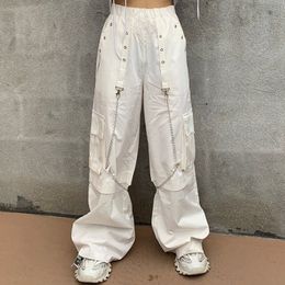 QWEEK Harajuku Goth White Cargo Pants Women Mall Goth Hippie Moda Punk Pants Loose Pants With Chain Baggy Oversize Korean Style 201228
