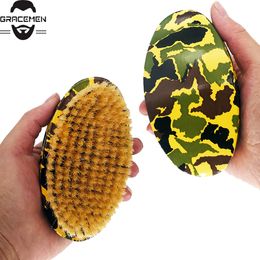 MOQ 100 pcs Custom LOGO Camouflage Curved Hair Brush Handle Premium Beard Brushes with Boar Bristle Men Grooming Tool