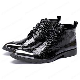 Plus Size New Luxury Metal Toe Man Handmade Alligator Pattern Shoes Patent Leather Laces Men's Ankle Boots