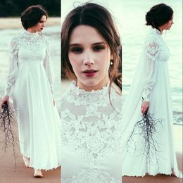 2021 Elegent High Neck Beach A Line Wedding Dresses With Long Sleeve Lace Empire Waist Country Bohemian Pregnant Bridal Wedding Gown Cheap