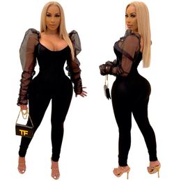 Women's Jumpsuits & Rompers Sheer Mesh Puff Sleeve Black Bodycon Jumpsuit Women Elegant Skinny Clubwear Party Sexy Womens Christmas Clothes