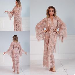 See Through Lace Bridal Sleepwear Nightgowns Long Sleeves Bathrobe Shawl Ankle Length Pajamas Party Wear Undergarment