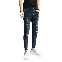 Men's Jeans Summer 2022 Brand Ripped Slim Feet Stretch All-match Korean Scratching Beggar Street Teenager Pencil Pants Men
