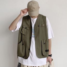 Men's Vest Multi-pocket Waistcoat Veste Cotton Sleeveless Jacket Coat Men Khaki Black Streetwear Hip Hop Clothing gilet homme 201126