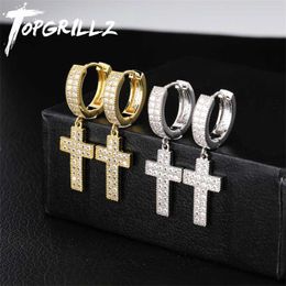 TOPGRILLZ Cubic Zirconia Bling Iced Cross Earring Gold Silver Colour Copper Material Earrings for Men Women Hip Hop Rock Jewellery 220125