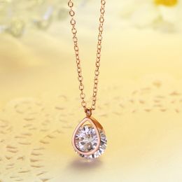 New Simple Design Women Gift Rose Gold Plated Stainless Steel Necklace Water Drop Pendant Round Zircon Necklaces