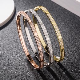 Fashion Jewelry Bangles Stainless Steel Open Cuff Bracelet for Women Female Two Row CZ Stone Bangle Silver/Rose Gold Color Size (16-19)