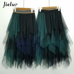 Jielur Tulle Skirt Spell Color Elastic High Waist Skirts Womens Dance Tutu Skirts Irregular Skirt Lolita Petticoat Midi Rokken LJ200820