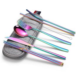 Spklifey Tableware Steel Cutlery Portable Tableware Travel Cutlery Set Stainless Steel Rainbow Dinnerware Set Cutlery bag 201116