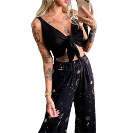 two spaces Australia - Women's Two Piece Pants 2022 Fashion Trend 2 Pcs Women Casual Outfits Adults Sleeveless Space Print Boat Neck Crop Top Wide-leg Trousers Sum