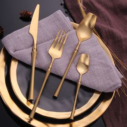 24 Piece Forks Knives Spoons Dinnerware Tableware Portable Golden Cutlery Set Silverware fork spoon 210318