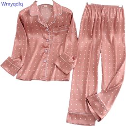 Wmyqdlq Ice Silk Pyjamas Women Long Sleeve Sexy Pyjamas Autumn Trousers Suits Printing Pijama Pyjama Sets Lapel Casual Wear 201217