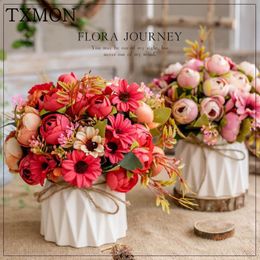 Nordic artificial flower set(flower+vase)ceramic hemp rope vase rose artificial plants potted wedding decoration fake flower Y200104