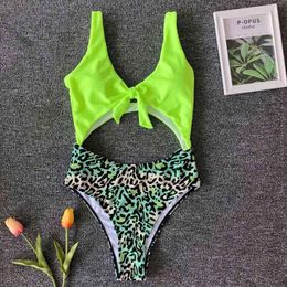 Sexy Women None Leopard Swimwear Tummy Cut Out One Piece Swimsuit Hollow Out Bather Backless Bathing Suit Swim Wear A5055 T200708