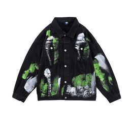 Men's Jackets Mens Hip Hop Denim Jacket Paint Graffiti Streetwear Washed Cotton Japanese Varsity Motorcycle Biker Jeans Goth Punk