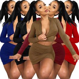 2022 Spring New Women Night Club Party Dresses Zipper Low Chest Elastic Tight Fitting Sexy Jacket Short Skirt Two Piece Set