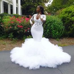 Plus Size African Mermaid Wedding Dresses 3D Lace Appliques Tiered Ruffles Wedding Dress Long Sleeves Bridal Gowns vestidos de novia CG001