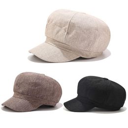 British Style Women Girls Sun Visor Newsboy Cap Retro Cotton Linen Solid Color Classic Octagonal Flat Cabbie Painter Beret Hat